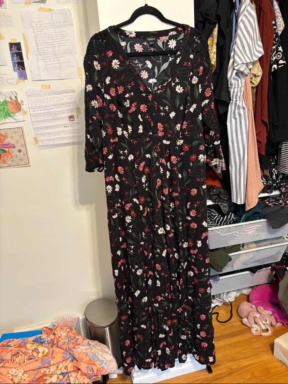 Black Floral Maxi Dress with Pink and White Blooms